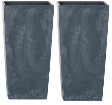 URBNLIVING 2Pcs Tall Square Concrete Effect Flower Plant Pot Indoor Outdoor Garden Patio Planter (Black)