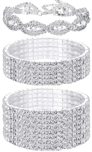 Dochais 3 Pcs Strass Stretch Armbänder für Frauen und Männer - Legierung, Einstellbare Größe, Funkelnde Hochzeit, Strand, Tennis Set - Silber