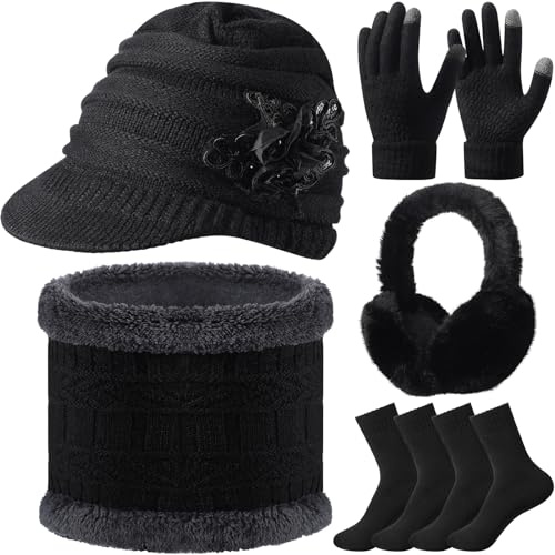 Cuffbow 6 Pieces Winter Hat Scarf Gloves Knit Women Warm Sets Beanie Hat Touchscreen Gloves Ear Muffs Warmer Neck Scarves Socks Sets Gifts for Women Men