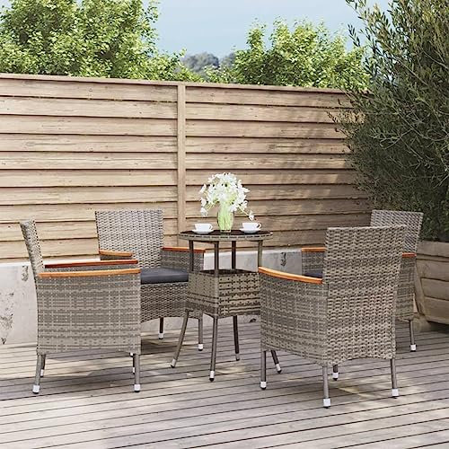 CIADAZ 5-TLG. Garten-Bistro-Set mit Kissen Grau Poly Rattan Bierzeltgarnitur, Gartenbar, Biertisch Bierbänke, Essgruppe, Gartenmöbel Set, Balkonmöbel, 3187425