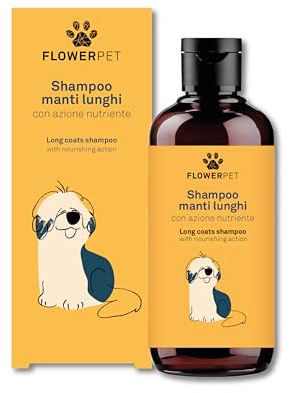 FLOWER PET, Shampoo per Cani dal Manto Lungo, Deterge e Ristruttura Il Pelo, Ideale per Ottenere Un Manto Morbido, Setoso e Nutrito, con Estratti di Canapa, Avena e Riso, 250 ml