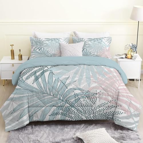 Couette 260 x 240 cm avec feuilles bleues et couette légère 240 x 260 4 saisons, plantes blanches, housse de couette imprimée pour lit double, couette sans couvertures et 2 taies d'oreiller 65 x 65 cm