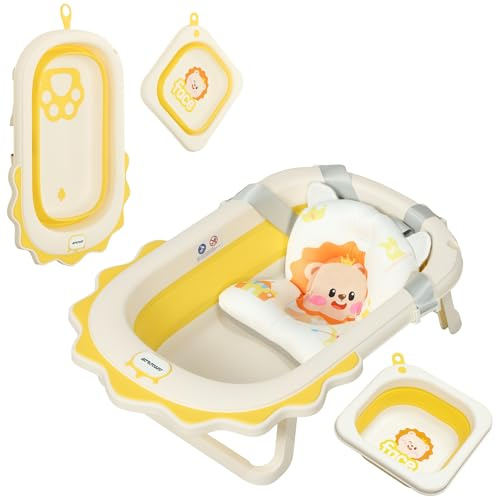 AIYAPLAY Portable Baby Bathtub Set, Foldable Baby Bath Tub with Support Cushion Pad, Wash Basin, Non-Slip Stand and Bottom, for Infants, Yellow