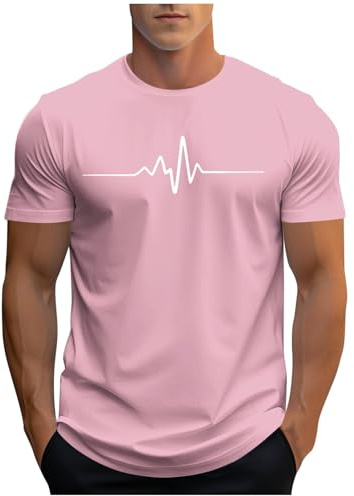 UHouse Tee Shirt Homme Sport Tshirt à Manches Courtes T-Shirts Ete Imprimé Teeshirt Col Rond Haut D'Été Streetwear Grande Taille Fin Cut Top Coton Délavé Habit Rose L
