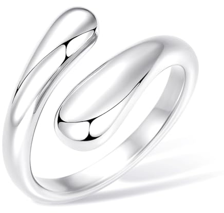Poxtex Sterling Silver Rings for Women Non Tarnish, Stackable Chunky Silver Stainless Steel Statement Rings, Adjustable Signet Wedding Band Jewelry Size 8