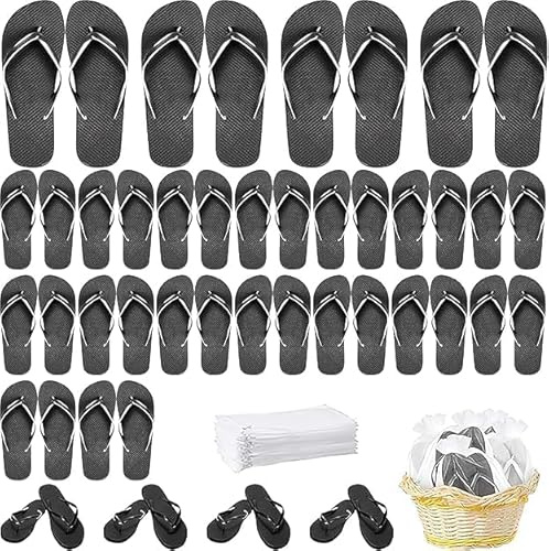 Malloom Lot de 24 paires de tongs pour invités mariage, cadeaux de mariage, tongs avec cartes de taille et sacs à tirer, pantoufles de spa pour invités d'hôtel, fête, spa et voyage, noir