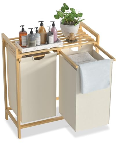 Aufun Cesto para la colada con 2 compartimentos, estructura de bambú, marco de bambú, 36 L, de tela Oxford, clasificador de ropa con bambú y asas para lavandería dormitorio, color beige, 73 x 64 x 34