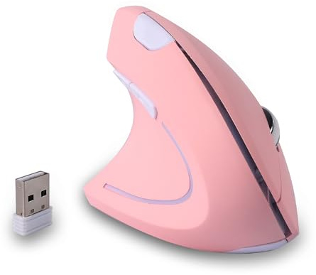 Justdfine Ratón ergonómico 2,4 G inalámbrico vertical con receptor USB, zurdo, 1600D PI, 6 botones, izquierdo vertical, ergonómico para ordenador portátil, oficina, PC, quinta generación, color rosa