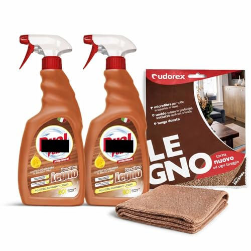 2x Spray Pulitore Specifico per Legno in omaggio Panno in Microfibra, Detergente Neutro Delicato con Ingredienti Naturali, 2 Flaconi da 500 ml