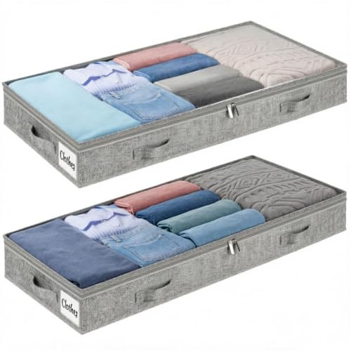 Caja de almacenamiento para debajo de la cama con tapa transparente, 4 asas y 2 cremalleras, 100 x 50 x 10 cm, plegable, para ropa, edredones, ropa de cama (gris, 2 unidades)