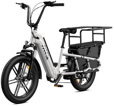 TST Bicicleta Eléctrica para Adultos con Asiento Trasero y Control por App, Bicicleta Cargo 20 Llantas Fat Batería 48V 15Ah 250W Autonomía 60KM Carga 204kg, Portaequipajes, Suspensión, Cuadro Bajo