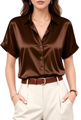 ALGALAROUND Womens Blouses Satin Short Sleeve Button Down Shirt Womens Casual Tops Elegant Office Work Blouses Going Out Outfits Coffee M