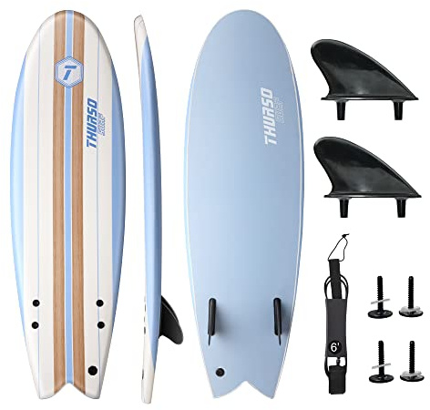 THURSO SURF Lancer 5'10'' Soft Top Foam Surfboard Fish Surf board for Kids & Adults Includes Twin Fins Double Swivel Leash EPS Core IXPE Deck HDPE Slick Bottom Non-Slip Deck Grip - Perfect for Surfing
