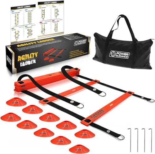 POWER GUIDANCE Agility Ladder (20 Feet) with Cones for Speed Agility Training & Quick Footwork Exercise - Soccer & Football Training Equipment for Adults, Youth & Kids (Red)