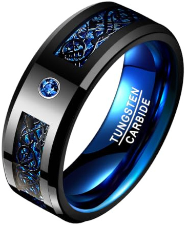 Vakki 8mm Wolfram Ringe Herren Keltischer Drachen Ring Schwarz Blau Zirkon Karbonfaser Einlage Geeignet für Hochzeit Verlobung Größe 65(20.7)