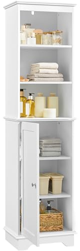 Yaheetech Tall Slim Storage Cabinet with 3 Shelves & Door, Freestanding Linen Cabinet for Bathroom, Living Room, Entryway, 16 x 12 x 60.5 Inches, White