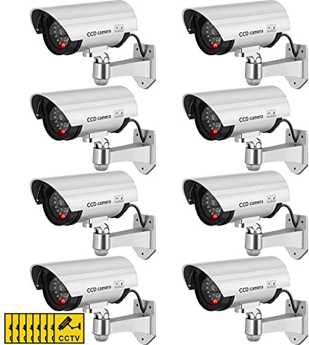 Macarrie 8 Pcs Fake Camera Dummy Security Camera with Flashing LED Light Realistic Plastic Fake Video CCTV for Indoor Outdoor Home Office Store, No Battery Included(Silver)