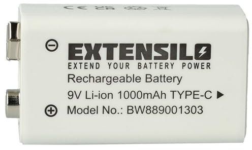 EXTENSILO Batería de 9 V (1000 mAh, Li-Ion) Recargable, Ready-to-Use