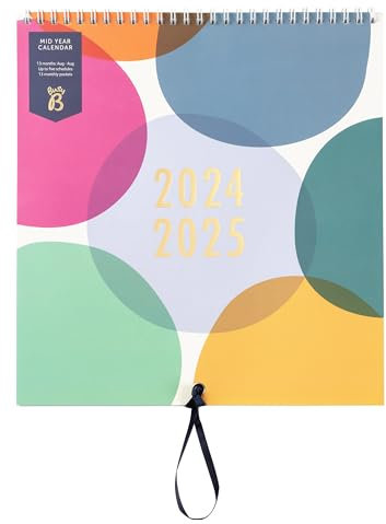 Busy B - Calendrier familial de 13 mois Août 2024 à Août 2025 - Motif à pois - Semainier avec cinq plannings et 13 pochettes mensuelles