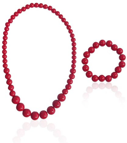 NYGGTYK 1-teilige Perlenkette mit Perlenarmband, Acryl-Halskette und Armband, Kostümschmuck-Accessoires, Karnevals-Schmuck für Damen (Rot)