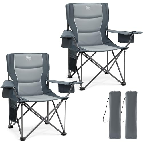TIMBER RIDGE 2Pcs Chaise Pliante Camping 200kg 63cm Large-siège Confortable Chaise de Exterieur Rembourrée Porte-Gobelet Sac Isotherme Accoudoirs Réglables pour Pêche Voyage Festival