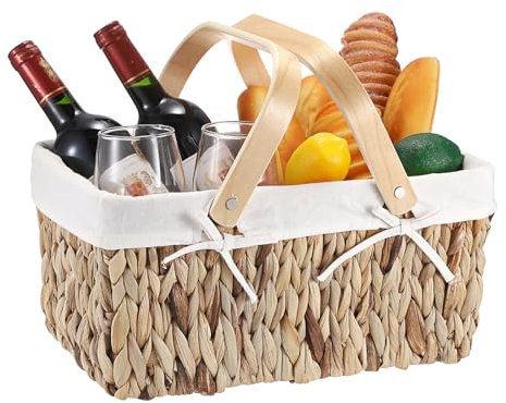 BSTKEY Cesta de almacenamiento de jacinto de agua natural, cesta rectangular tejida a mano, organizador de almacenamiento de juguetes, cesta de embalaje de regalo, cesta de aperitivos con asa y forro