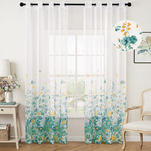 Woaboy Cortina Dormitorio Lago Azul Visillo con Estampadas Flores Ventana Decorativo Tansparente Moderno para Salón Habitación 2 Piezas 140x225cm