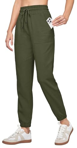 WILLIT Pantalones de chándal para mujer, algodón y lino, pantalones de deporte, informales, pantalones ligeros, pantalones de entrenamiento, lounge, viajes, verano, con bolsillos, Verde militar., XS