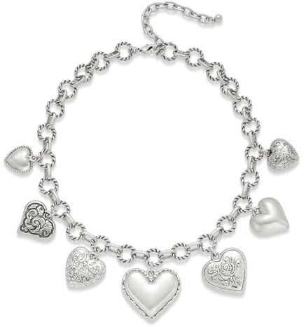 ENSKEFEN Klobige Herzanhänger Halsketten für Damen Vintage Weißgold Halskette Liebesanhänger Retro Statement Halskette 7 Strukturierten Geschwollenen Herzanhängern