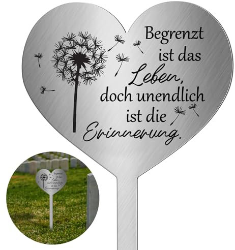 Photect Grabstecker Metall Herz mit Spruch Begrenzt Ist Das Leben Doch Unendlich Ist Die Erinnerung Herz Grabdekoration Wetterfest Frostbeständig Grabschmuck zum Andenken Dekoherz Trauer