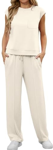 GRECERELLE Conjunto de dos piezas para mujer, conjunto completo de chándal de verano de manga corta para mujer, conjunto completo de ropa de descanso para mujer, cuello redondo, manga casquillo y