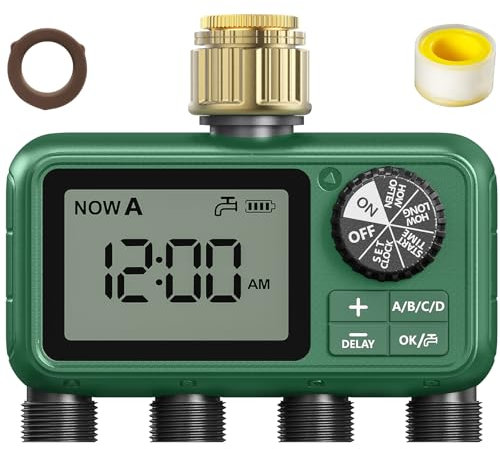 XinFuture Irrigazione computer 4 uscite, ingresso in ottone, ampio display LCD, orologio per irrigazione, timer automatico con ritardo di pioggia, timer manuale/rubinetto, per giardino