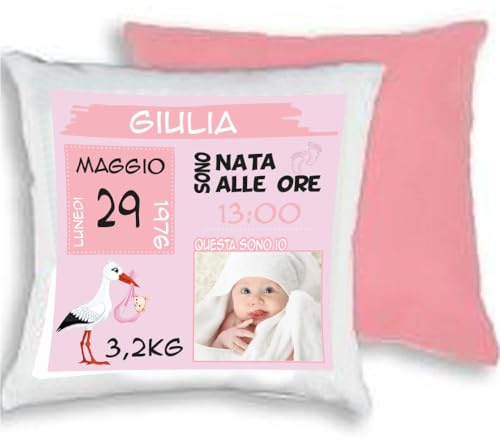 PR Service Cuscino nascita neonato personalizzato con nome e dati della nascita, per bambina. (Rosa)