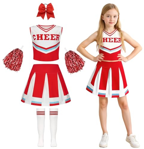 yecwkaz Cheerleader Costume Bambina, Vestito da Cheerleader per Ragazze Cheerleading Uniforme con pompon,calze per Halloween Carnevale Evento Sportivo,Red 140cm