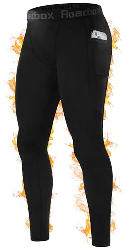 Roadbox Thermal Compression Pants Men, Sports Workout Fleece Lined Leggings, Football Running Base Layer Tights with Pocket