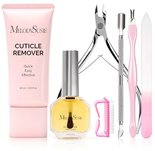 MelodySusie Cuticle Remover Kit,60g Cuticle Remover Cream 15ML Cuticle Oil,Cuticle Nipper Trimmer Pusher, Nail File and Brush for Cuticle Softener & Moisturize Manicure Kit for Nail Care