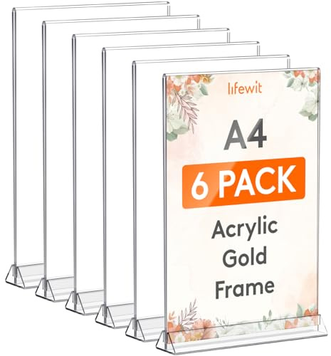 Lifewit 6 Pack A4 Supporto per Cartelli in Acrilico, Supporto Bifacciale Verticale Trasparente, Portamenu, Porta Numeri di Tavolo, Cornici per Matrimonio, Festa, Ristorante, 32x21cm