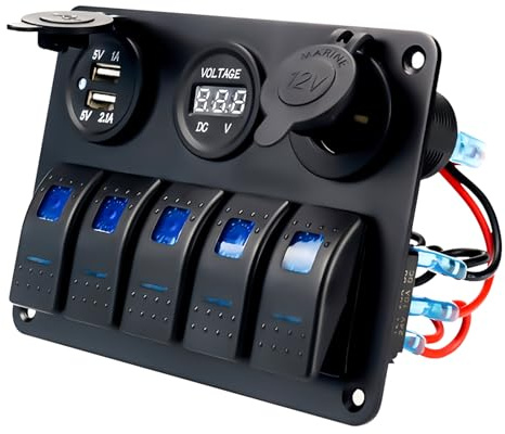 Pannello di commutazione a 5 marce, 12 V/24 V, IP66, impermeabile, 5 interruttori a bilanciere, doppia USB, voltmetro LED, presa accendisigari, interruttore a levetta per auto, camper, barca, camion
