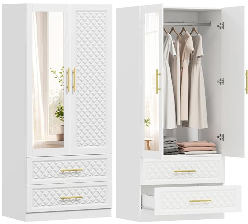 HOMCOM Armario Dormitorio 2 Puertas y 2 Cajones, Armario Ropero con Espejo, Relieve de Diamante, Barra para Colgar, Estilo Moderno, 80x50x180 cm, Blanco
