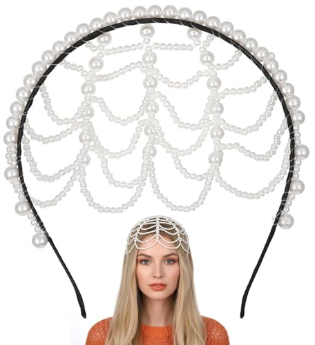 1920s Pearl Headpiece White Pearl Cap Headpiece Roaring 20s Headbands for Women Pearls Beaded Cap Head Piece Head Chain Hair Accessories, for Wedding Bridal Cosplay Halloween Art Decor Party
