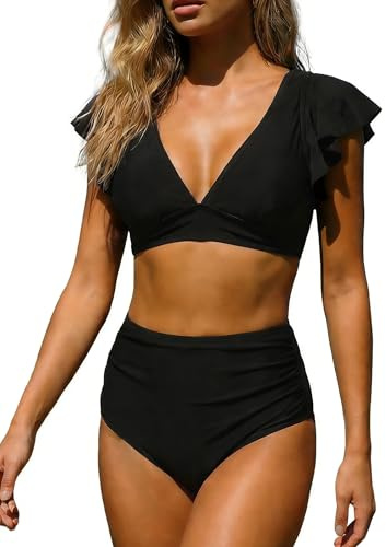 OUSIMEN Tvådelad baddräkt dam bikini set V-ringning med volangärmar hög midja formande baddräkt