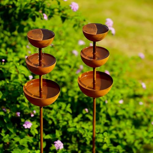 Rain Catchers For Garden | 3-tiered Vintage Rust Patina Rain Catcher Garden Ornament | Metal Flower Gardening Stakes Bird Bath | Water Fountain Bowls For Hummingbird | Bird Bee Watering Station Cup