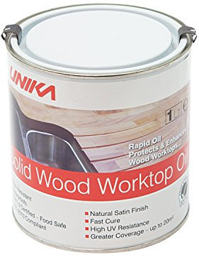Unika Solid Wood Worktop Oil – Fast Cure & Stain Resistant Wood Treatment – Water Resistant Wood Oil for Kitchen Worktops, Wooden Surfaces & Indoor Use – Supplied in the UK – 1L