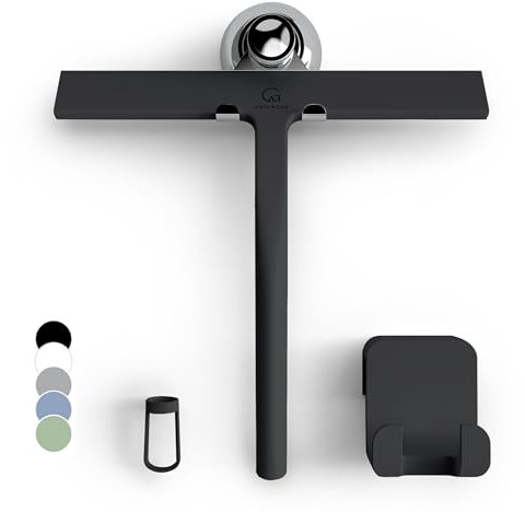 GÜTEWERK Duschabzieher Set mit Halter - schwarz 23 cm breit - ohne Bohren Silikon Abzieher Dusche Badezimmer Fenster Fensterabzieher Edelstahl Kern Scheibenabzieher mit Saugnapf Halterung Badabzieher