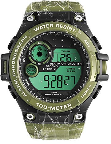 TEKMAGIC Montre Bracelet Sports Plongée Hommes Garçons 10 ATM Étanche Montre-Bracelet Natation avec Fonctions d'Chronomètre, Chronographe, Alarme, Double Fuseau Horaire, Format 12/24 Heures