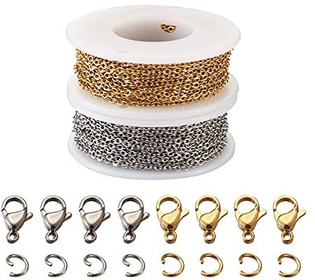 PandaHall 20 meter rostfritt stål papperslipp länkkedja 2 färger oval länkkedja choker bred med hummerklolåsar och jumpringar för kvinnor flickor, 2,5 ~ 2,6 x 2 x 0,5 mm