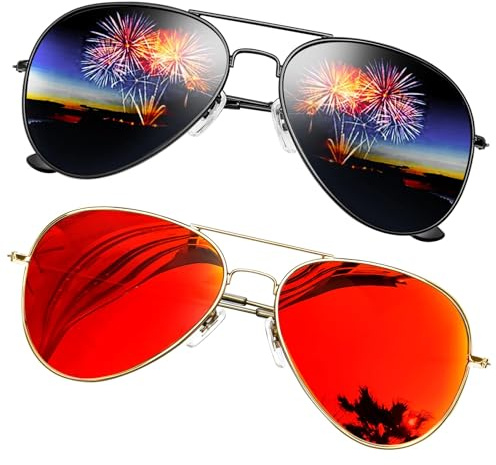 KANASTAL 2 Pares Gafas de Sol Hombre Polarizadas Mujer Clásicas Naranjas Espejo Doble Metal Orange Sunglasses - Naranjas Lente + Negras Lente Montura Negras