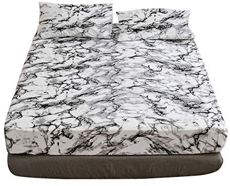 Marmor Spannbettlaken Microfaser Marmor Muster Spannbetttuch Weiche Mikrofaser Boxspringbett Bettlaken Geeignet Für Matratzen Von 25-30 cm (White,140 x 200 x 30 cm)