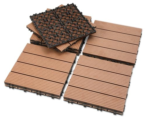 Fiqops 44 Stück WPC Terrassenfliesen, 30x30 cm Balkon Bodenfliese,Gartenfliesen mit Klick-System,Terrassendielen Balkonfliesen Klickfliesen,Terrassendielen Wasserfest für Terrasse,für 4m² Braun