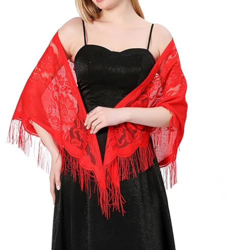 JAWSEU Châle en Dentelle Mariage avec Frange Châle Écharpe Mariée Chale Femme Fête Etole Mariage Bal Floral Dentelle Mesh Étole Triangulaire Echarpe Châles Foulards Pour Mariage Robe de Soirée